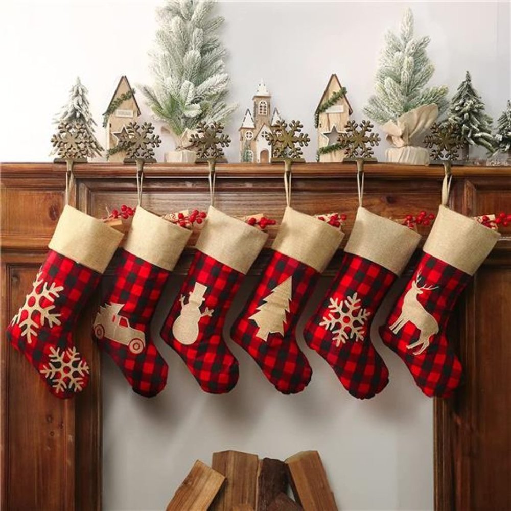 Set of 6 Christmas Stockings Decorations18 inches Red Black Buffalo Plaid